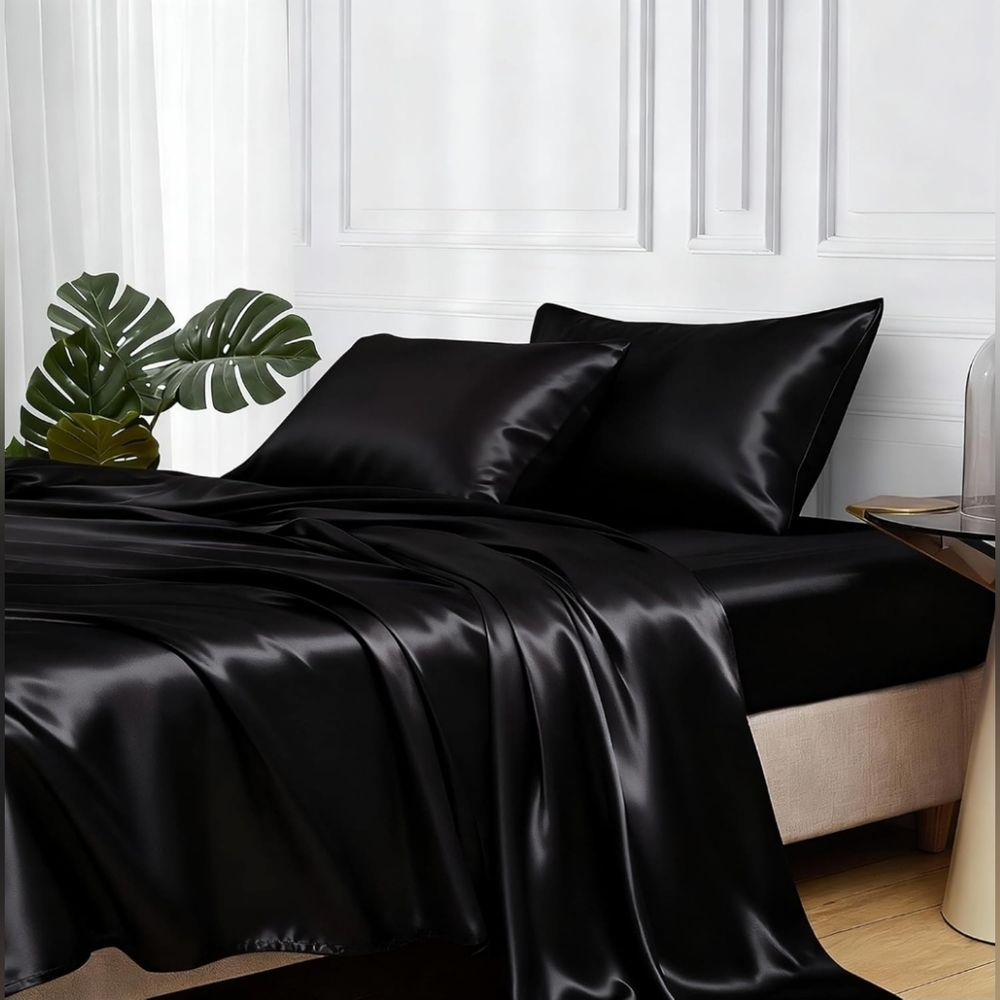 MR&HM Satin Bed Sheets – Queen Size 4-Piece Silky Sheet Set, Deep Pocket | Black